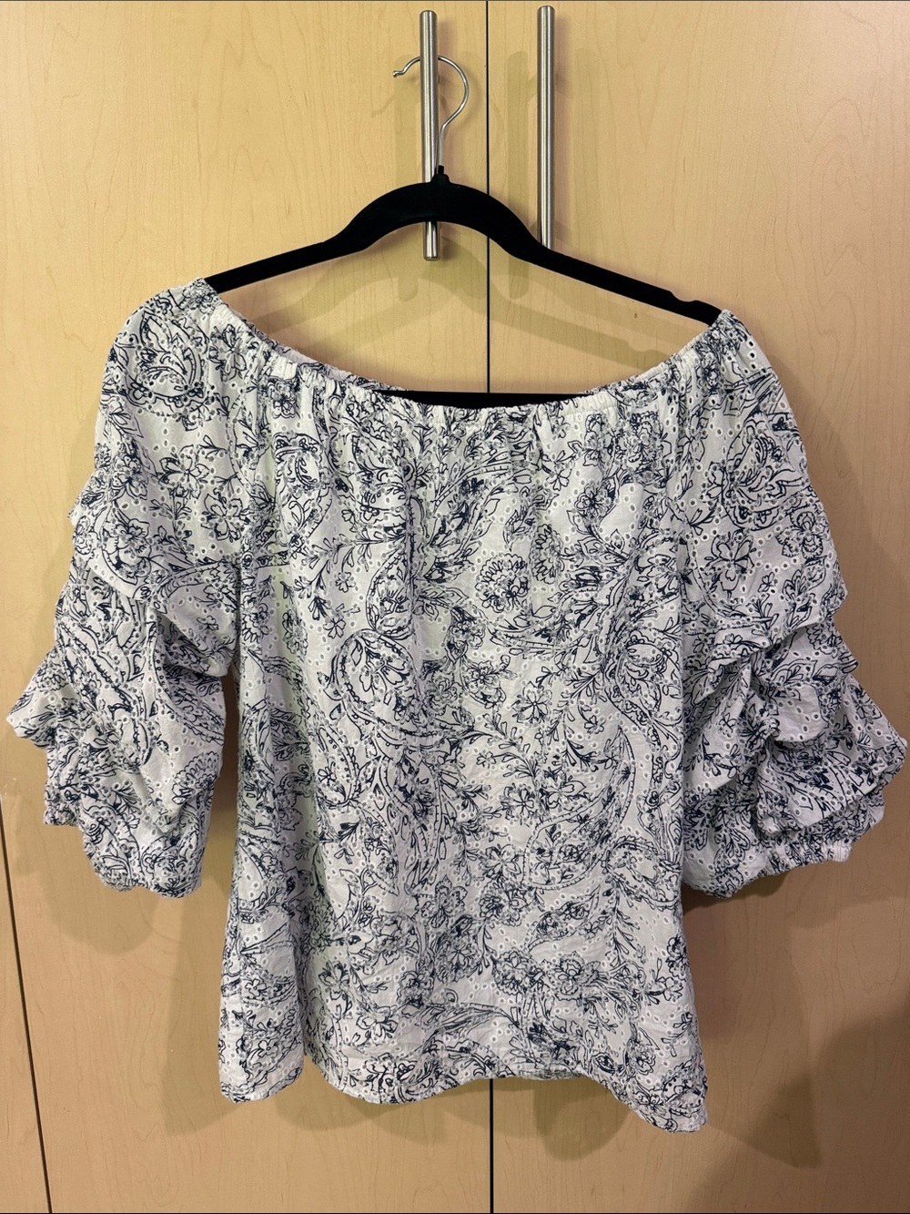 CeCe White and Navy Paisley Off-Shoulder Ruffle Sleeve Top